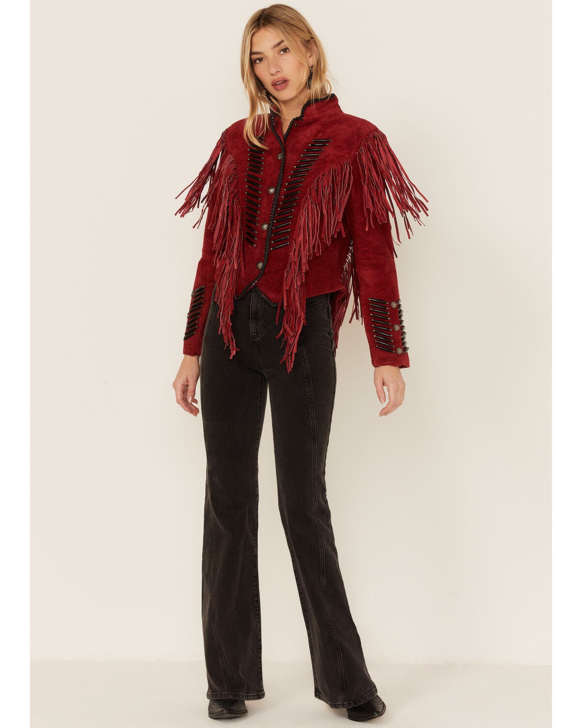 Image #4 - Cripple Creek Women's Beaded Suede Fringe Black Bones Military Jacket , , hi-res