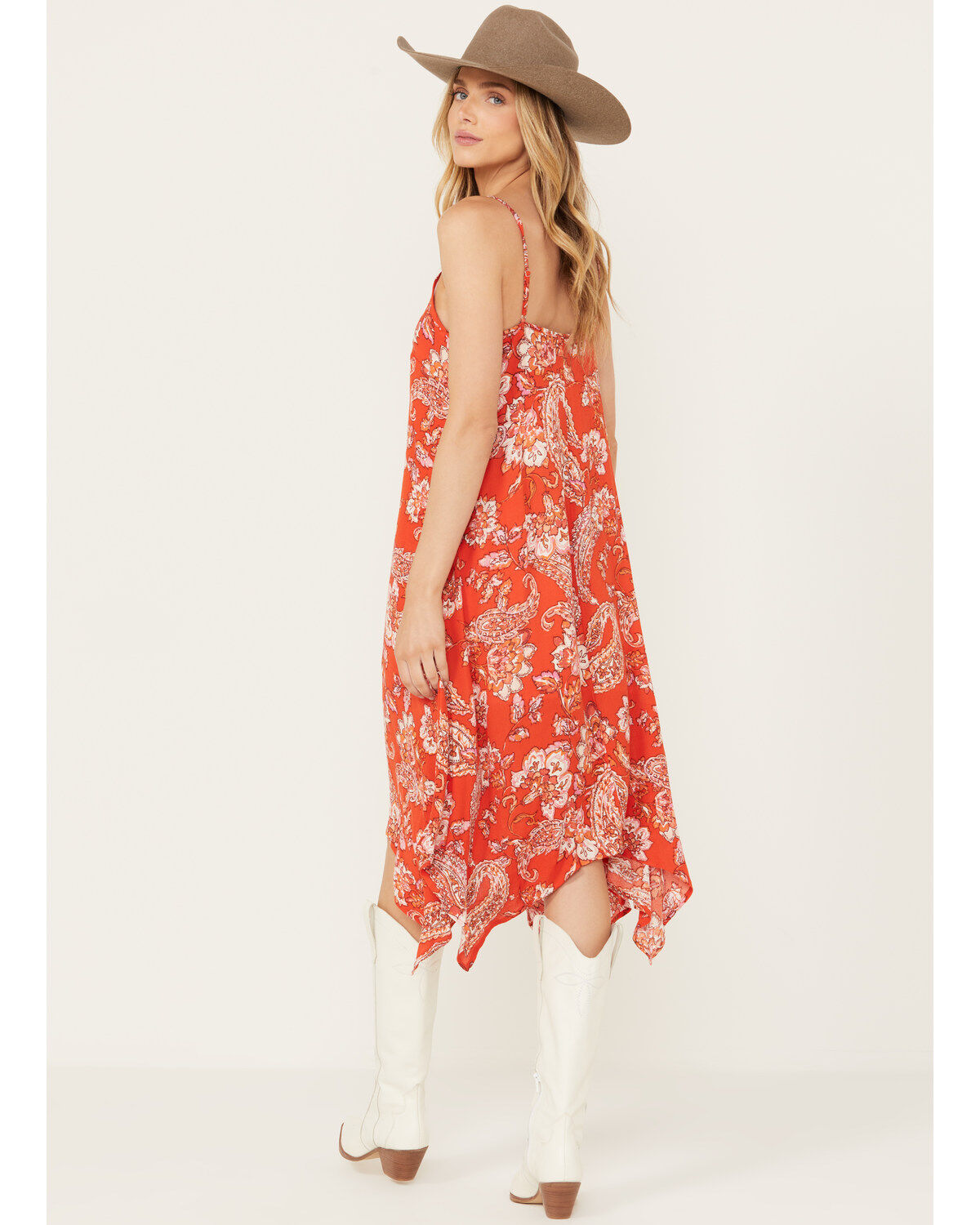 Image #4 - Wild Moss Women's Floral and Paisley Print Hanky Hem Midi Dress, Red, hi-res