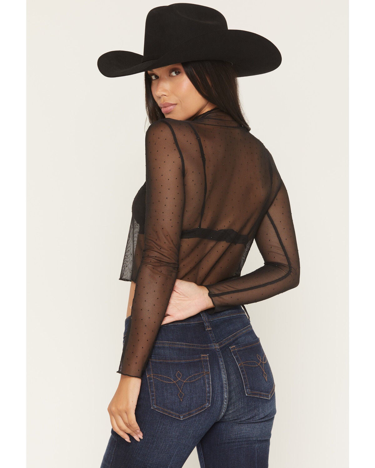 Image #4 - Rock & Roll Denim Women's Rhinestone Mesh Long Sleeve Cropped Shirt, Black, hi-res