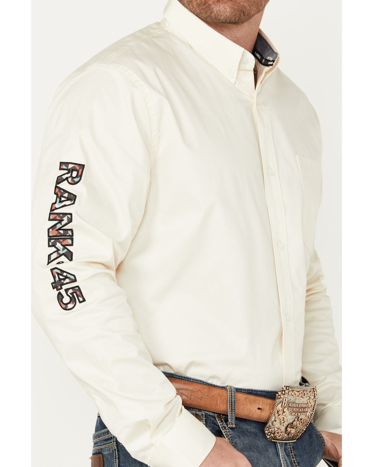 Image #3 - RANK 45® Men's Solid Twill Logo Long Sleeve Button-Down Western Shirt, Cream, hi-res