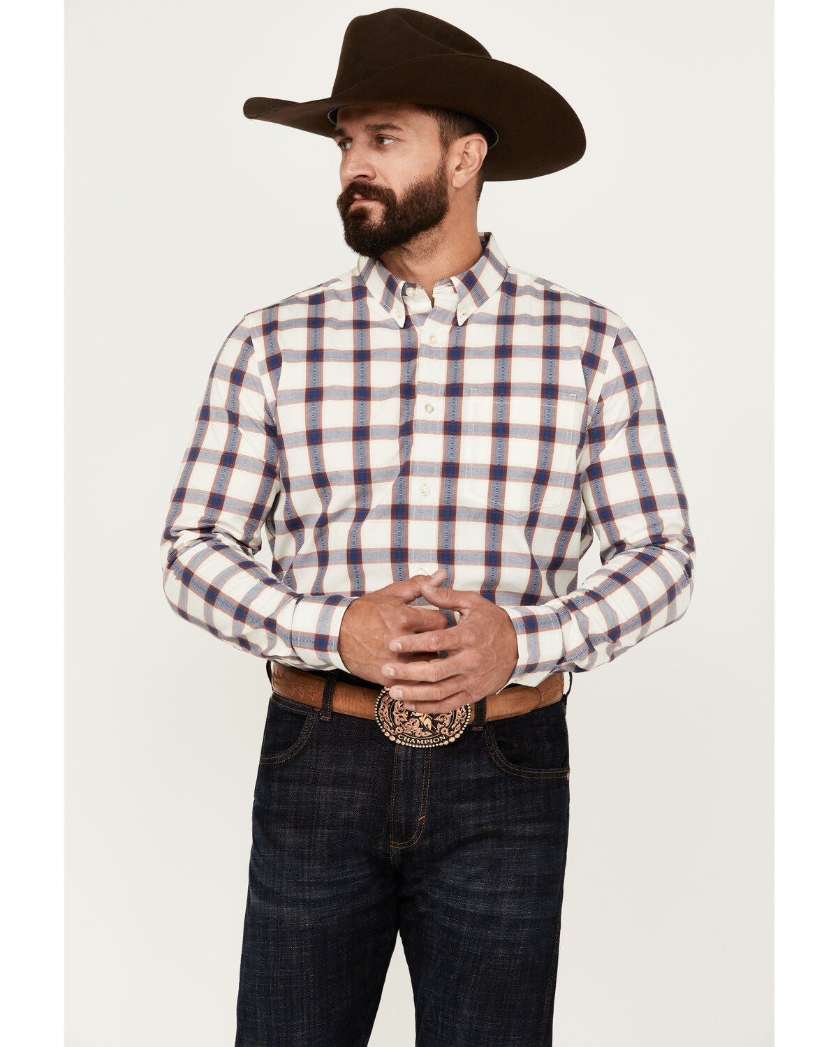 Cody James Men's Yeehaw Plaid Print Long Sleeve Button-Down Stretch Western Shirt, Ivory, hi-res