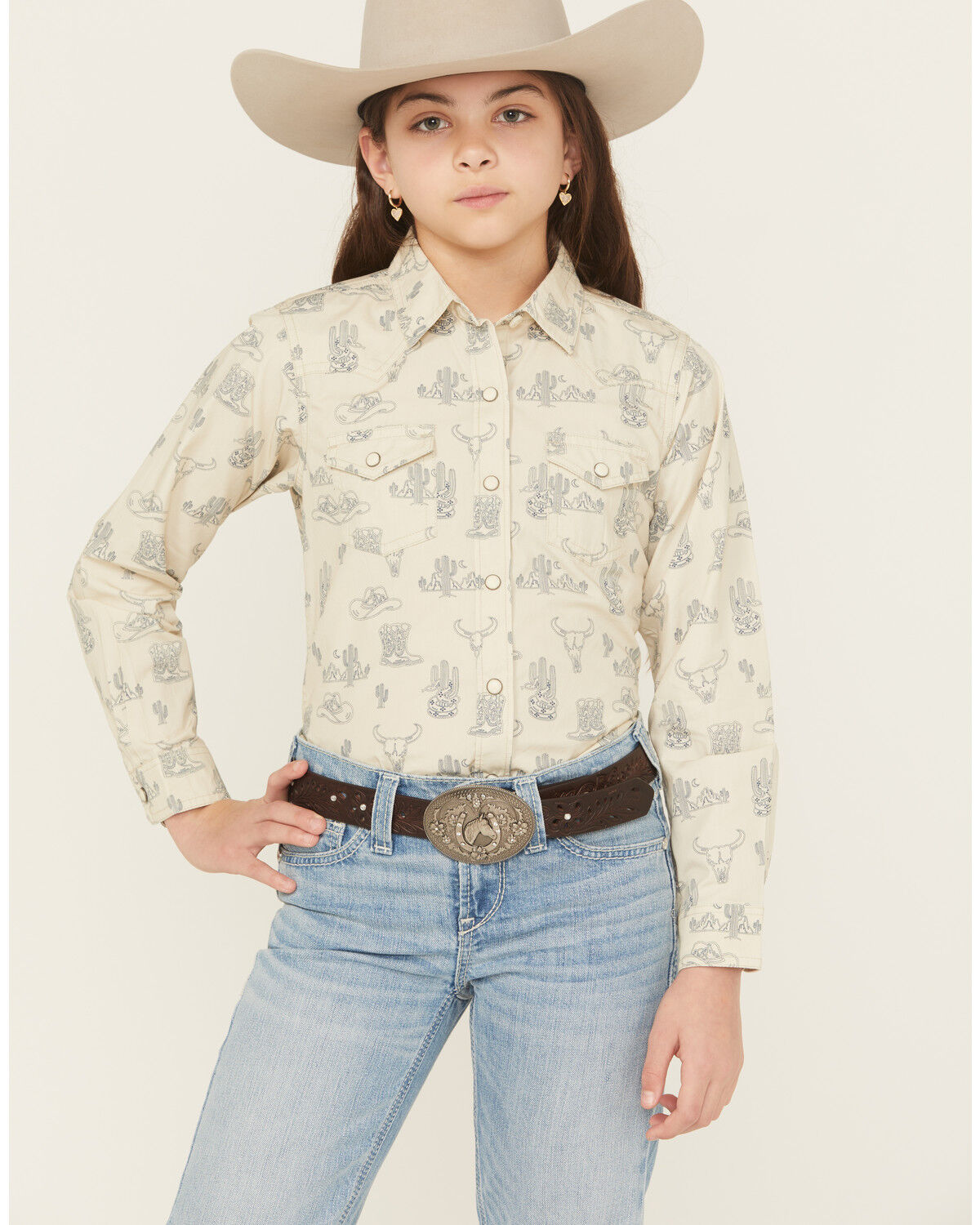 Image #1 - Ariat Girls' Desert Print Long Sleeve Snap Western Shirt, Tan, hi-res