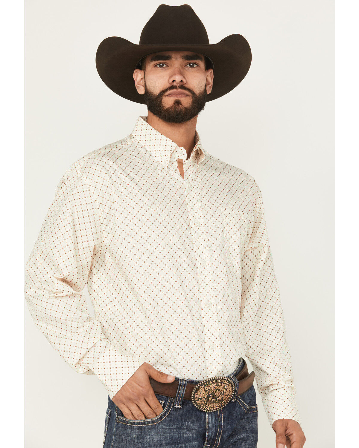 Image #2 - George Strait by Wrangler Men's Geo Print Long Sleeve Button-Down Stretch Western Shirt - Big, White, hi-res