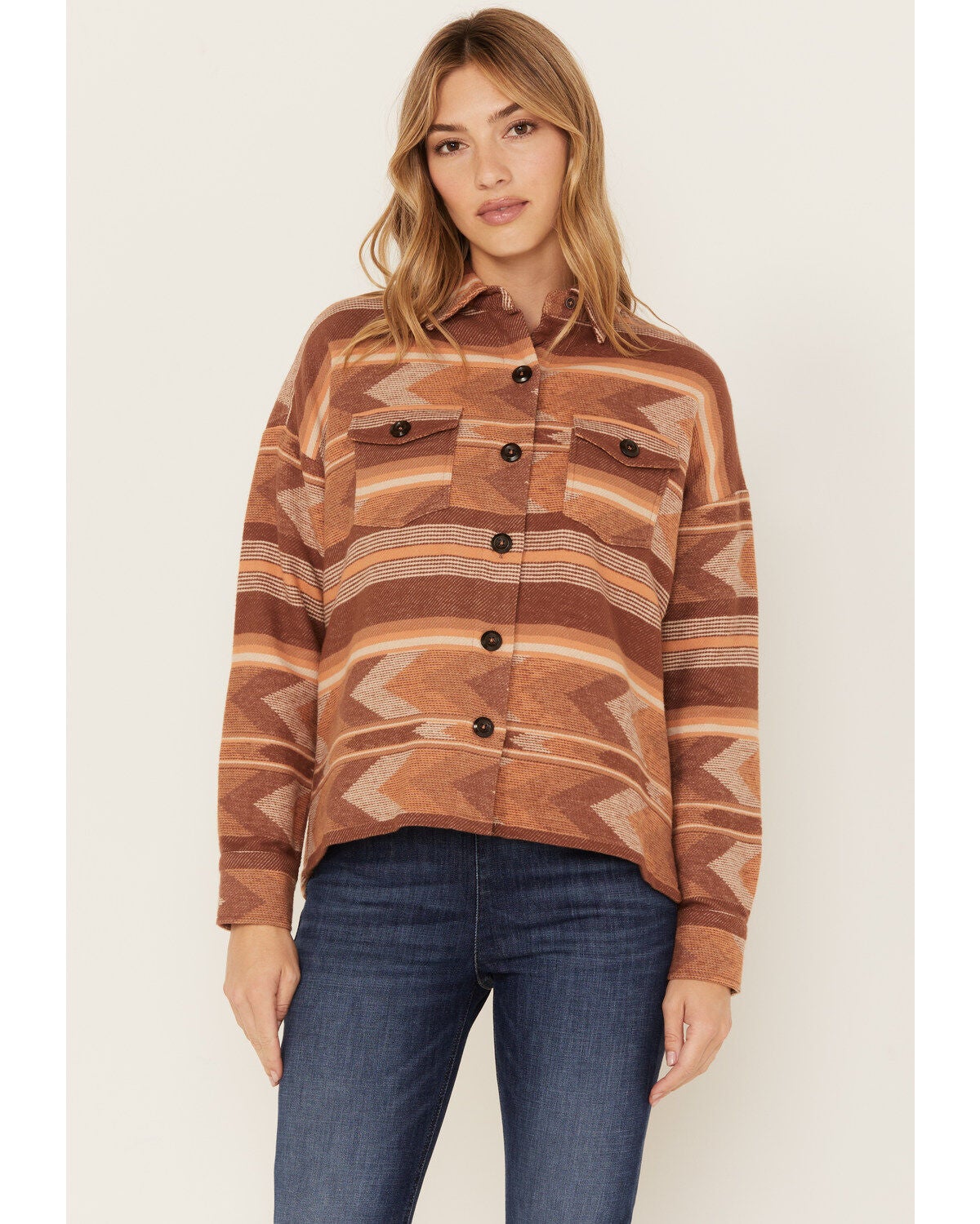 Rock & Roll Denim Women's Southwestern Print Button-Down Shacket, Camel, hi-res