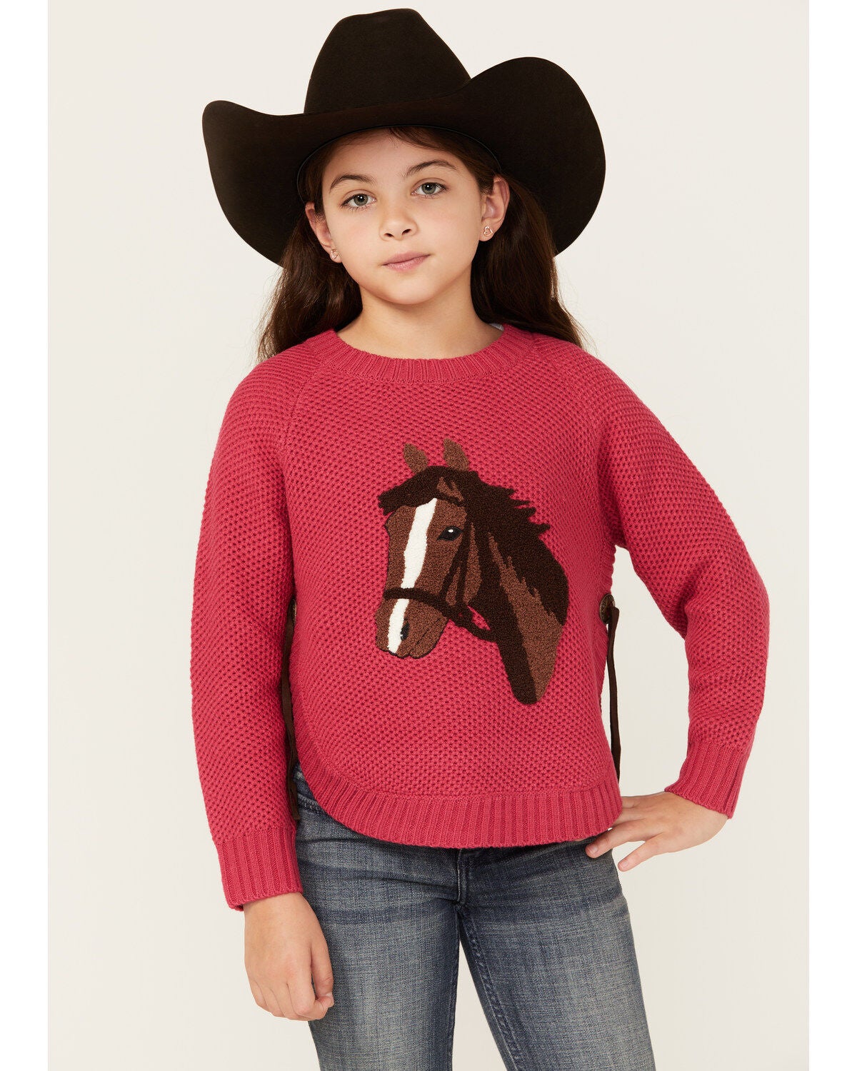 Cotton & Rye Girls' Horse Applique Round Bottom Sweater, Pink, hi-res