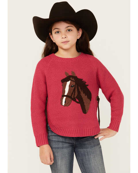 Cotton & Rye Girls' Horse Applique Round Bottom Sweater , Pink, hi-res