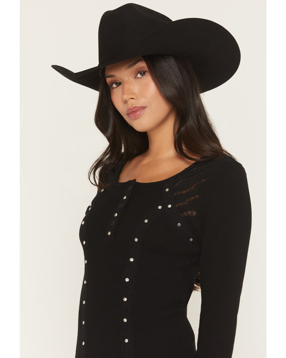 Image #2 - Miss Me Women's Embellished Lace Long Sleeve Shirt, Black, hi-res
