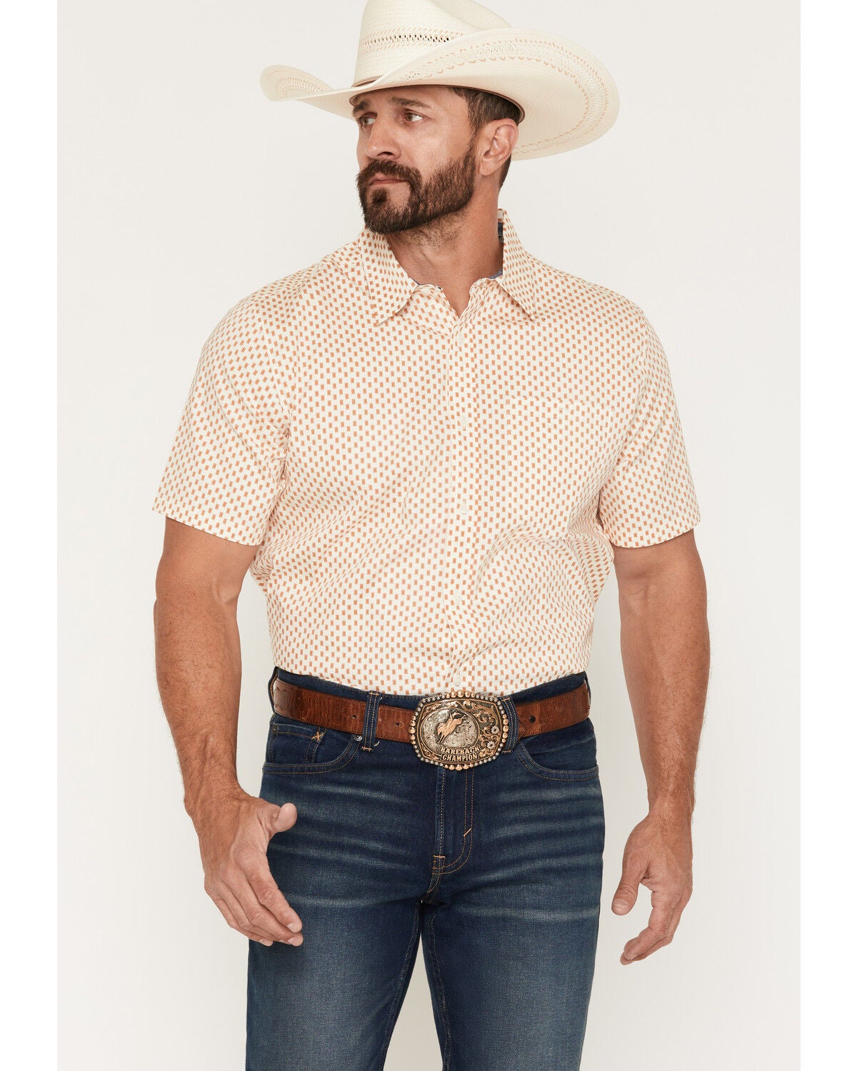 RANK 45&reg; Men's Square Up Geo Print Short Sleeve Button-Down Stretch Western Shirt, Ivory, hi-res