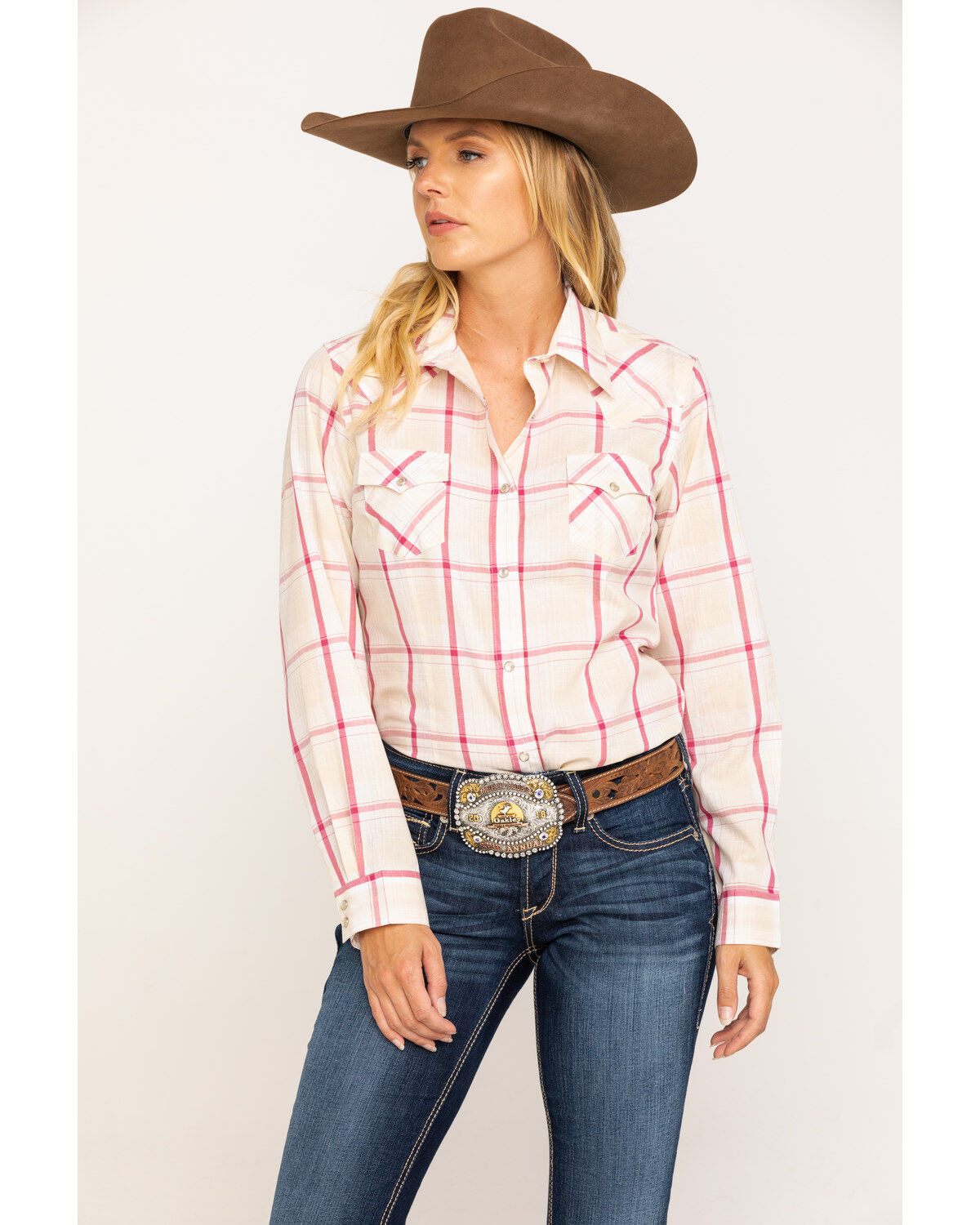 Image #1 - Wrangler Women's Boot Barn Exclusive Plaid Long Sleeve Western Shirt, , hi-res