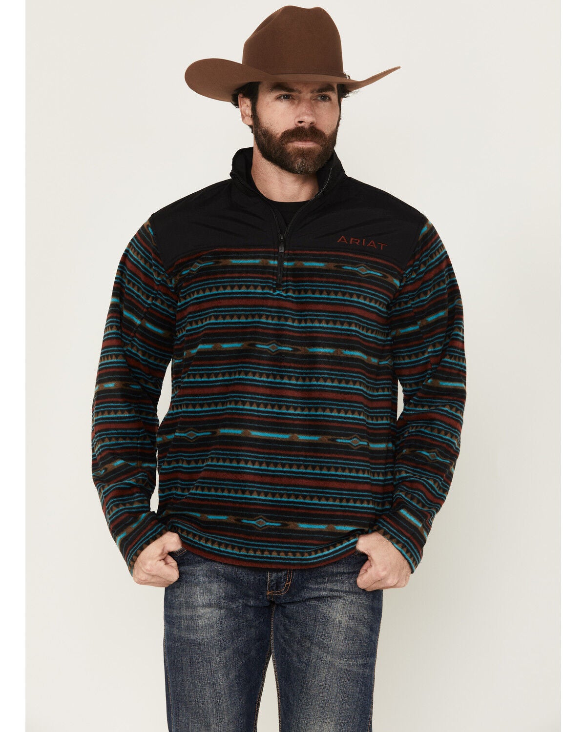 Ariat Men's Basis 2.0 Southwestern Striped 1/4 Zip Pullover, Black, hi-res