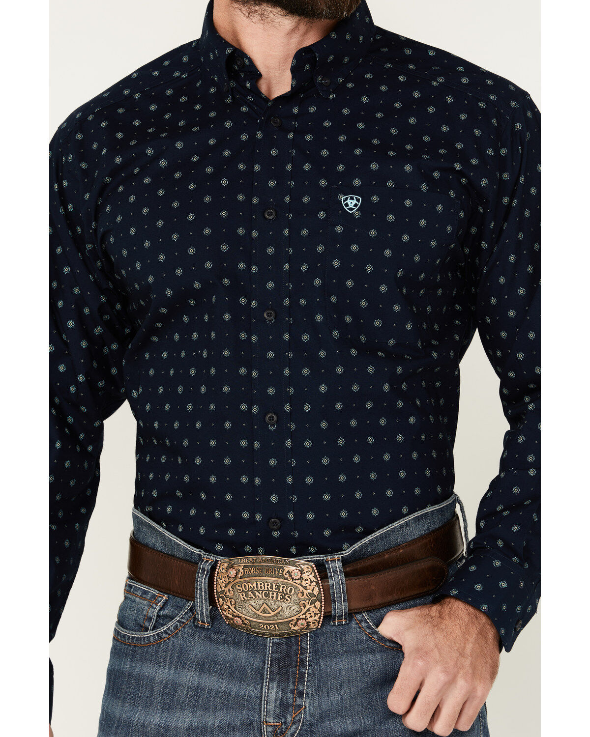 Image #3 - Ariat Men's Percy Geo Print Long Sleeve Button-Down Western Shirt, Dark Blue, hi-res