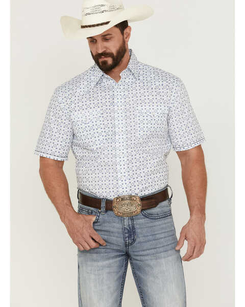 Rough Stock By Panhandle Men's Mini Southwestern Print Short Sleeve Snap Western Shirt , Blue, hi-res