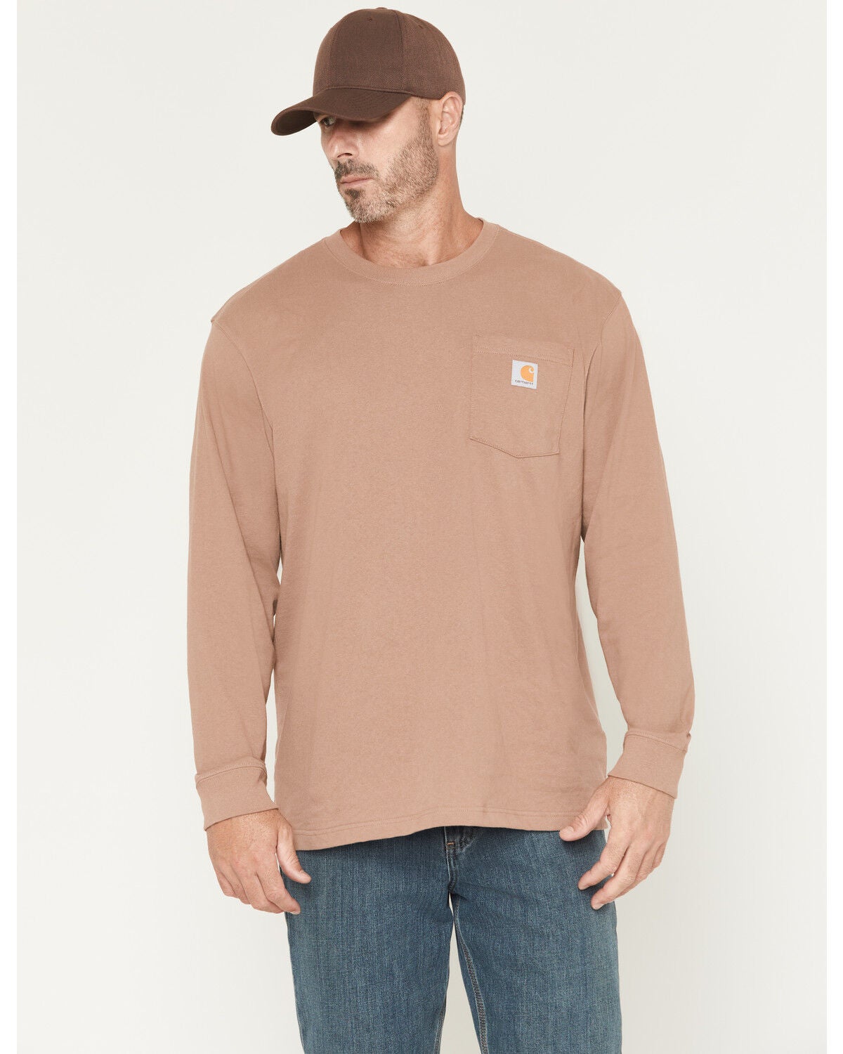 Carhartt Men's Loose Fit Heavyweight Long Sleeve Pocket Work T-Shirt, Lt Brown, hi-res