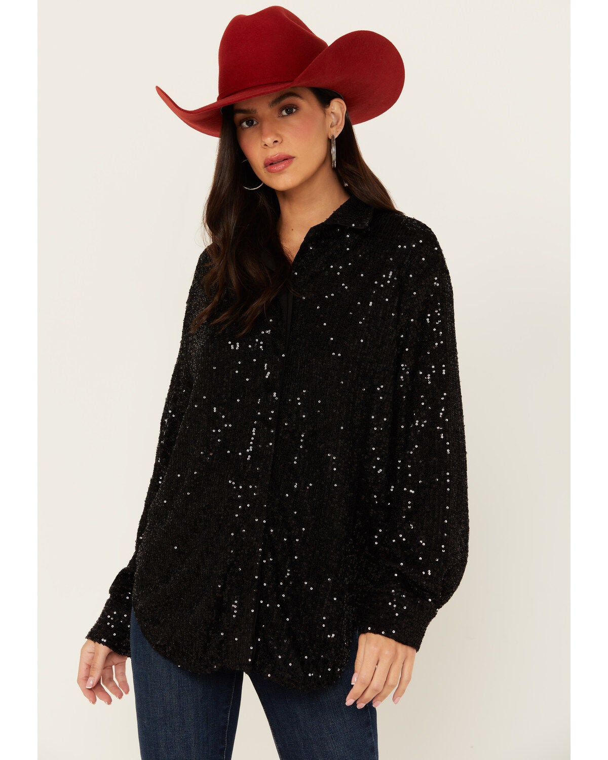 Image #2 - Mainstrip Women's Lucky Sequins Long Sleeve Button-Down Top, Black, hi-res