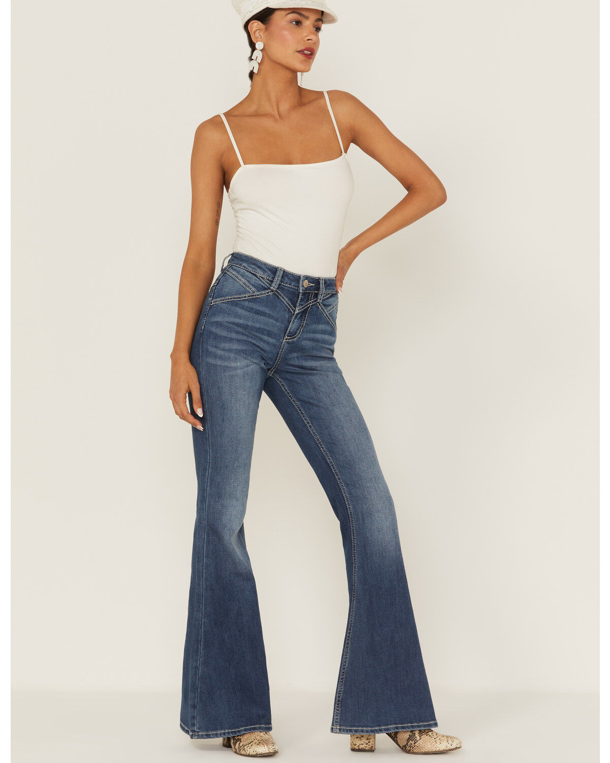 Image #1 - Shyanne Women's Medium Dark Wash High Rise Seam Detail Flare Jeans, , hi-res
