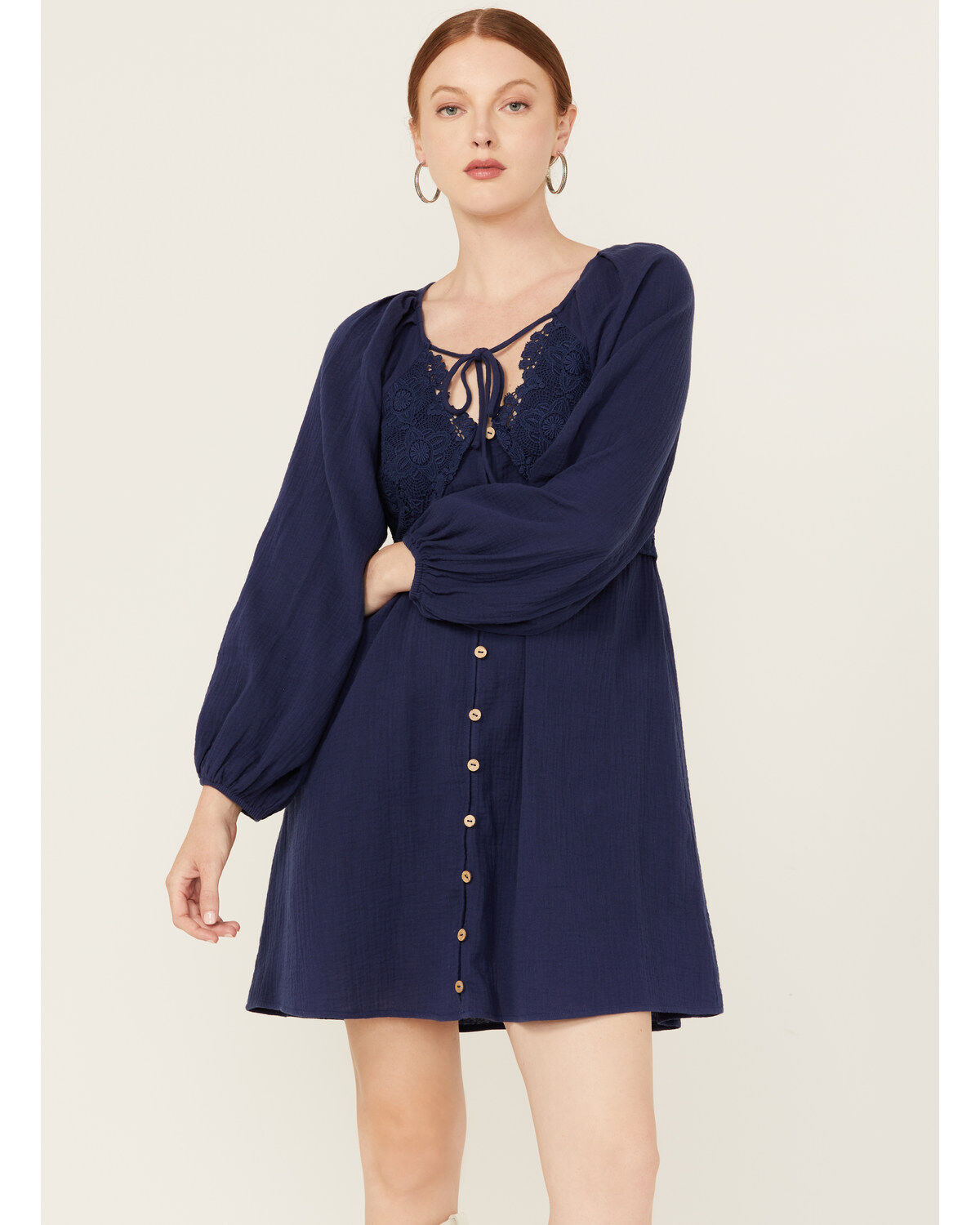 Image #2 - Yura Women's Long Sleeve Peasant Mini Dress, Navy, hi-res