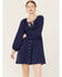 Image #2 - Yura Women's Long Sleeve Peasant Mini Dress, Navy, hi-res