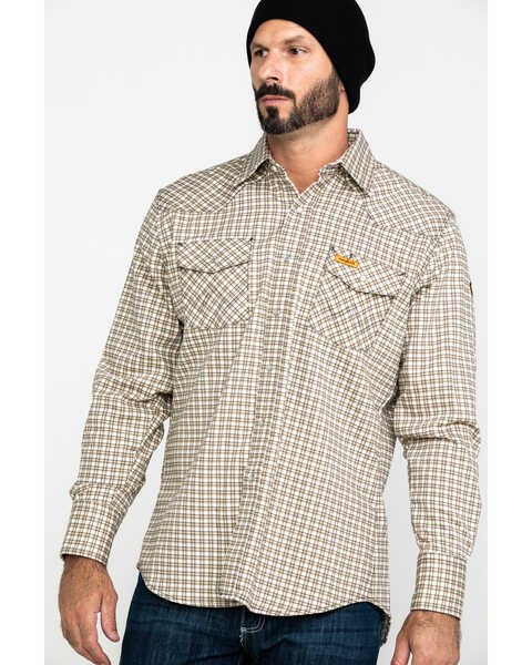Wrangler Men's FR Plaid Print Long Sleeve Snap Work Shirt, Khaki, hi-res