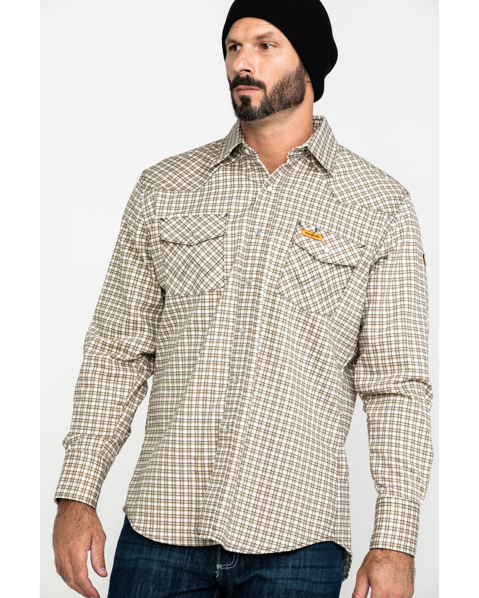 Image #1 - Wrangler Men's FR Plaid Print Long Sleeve Snap Work Shirt, Khaki, hi-res