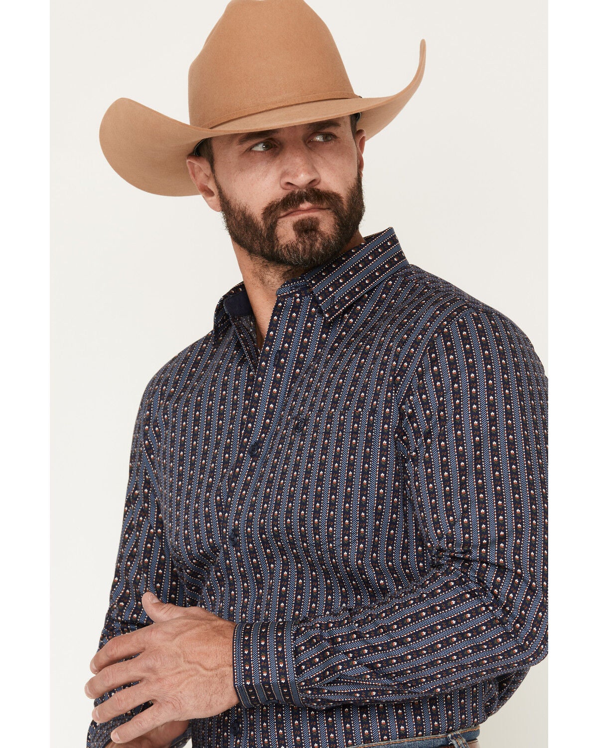 Image #2 - Cody James Men's Huckleberry Floral Striped Long Sleeve Button-Down Stretch Western Shirt, Blue, hi-res