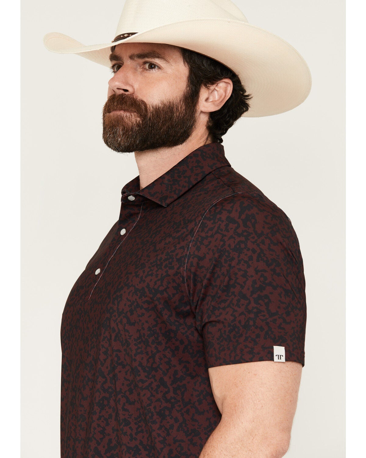 Image #2 - Ferrell Men's Grant Camo Print Short Sleeve Snap Stretch Polo Shirt, Maroon, hi-res