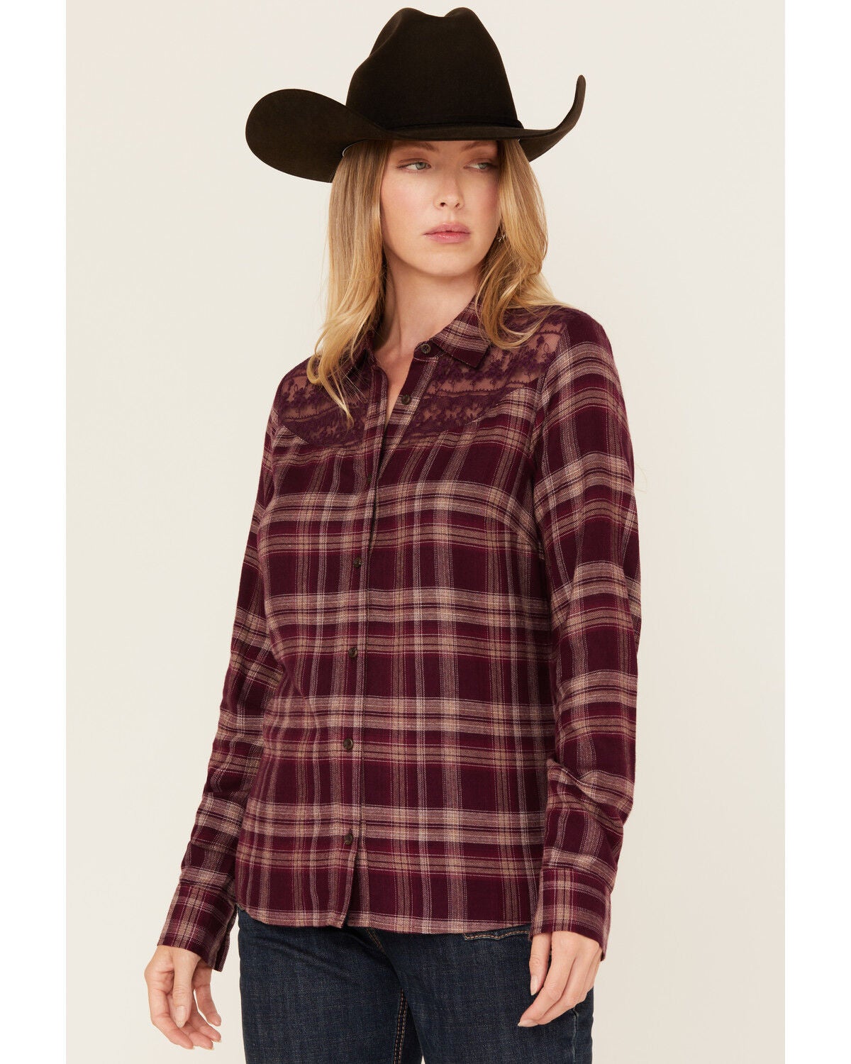 Shyanne Women's Lace Yoke Plaid Print Long Sleeve Button-Down Western Shirt, Fuchsia, hi-res
