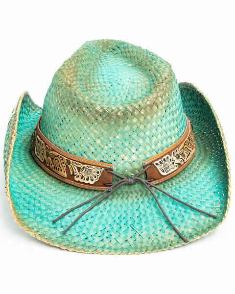 Shyanne Women's Cactus Flower Western Straw Hat , Blue, hi-res