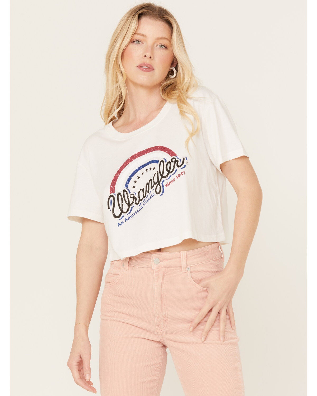 Wrangler Women's Cropped Short Sleeve Logo Graphic Tee, White, hi-res