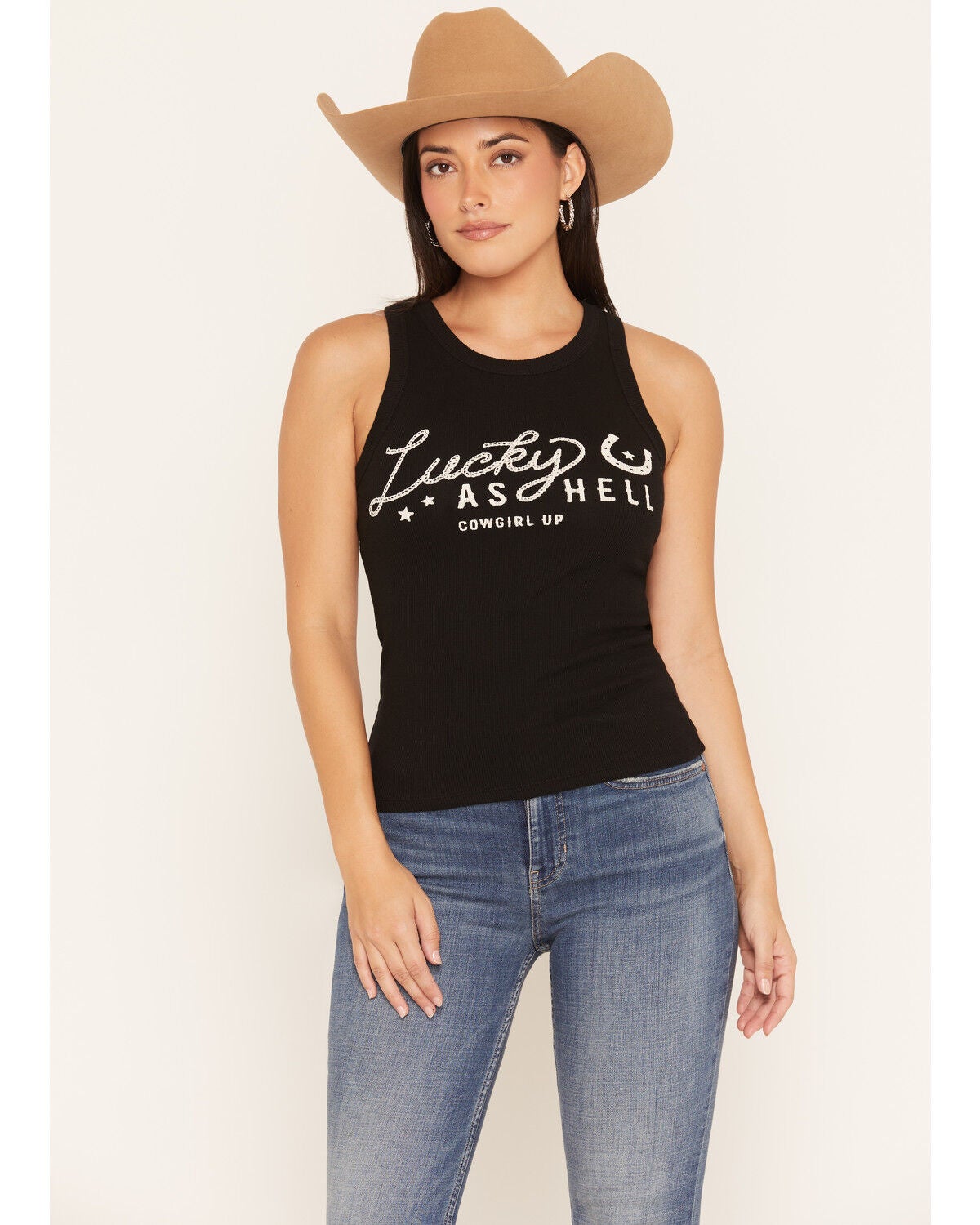 Cowgirl Up Women's Lucky As Hell Graphic Tank, Black, hi-res