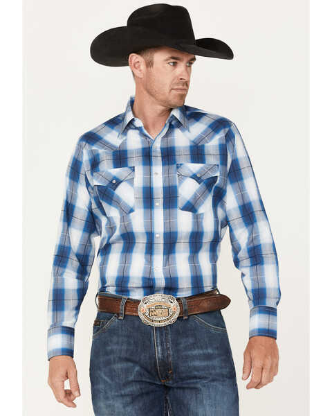 Ely Walker Men's Plaid Print Long Sleeve Snap Western Shirt, Blue, hi-res