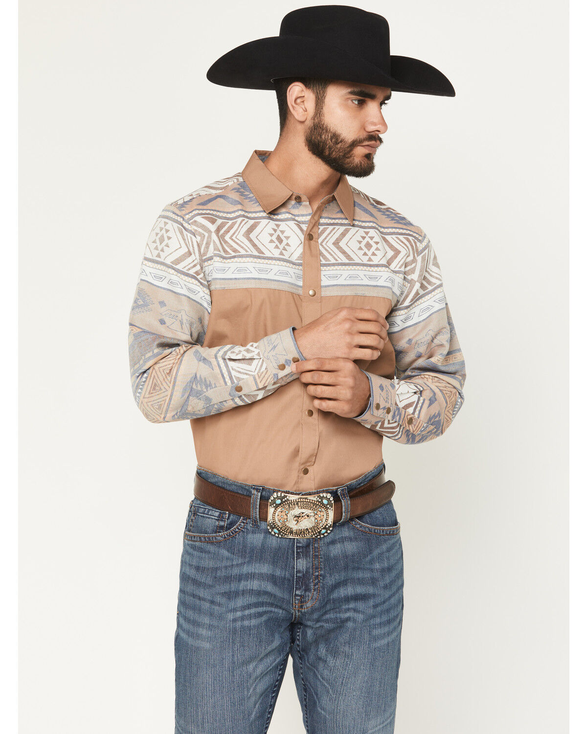 Image #1 - Cody James Men's Bronco Southwestern Block Long Sleeve Snap Western Shirt, Tan, hi-res