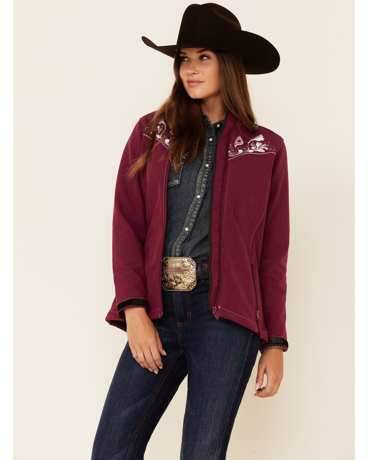 Burgundy Embroidered Paisley Zip-Front 