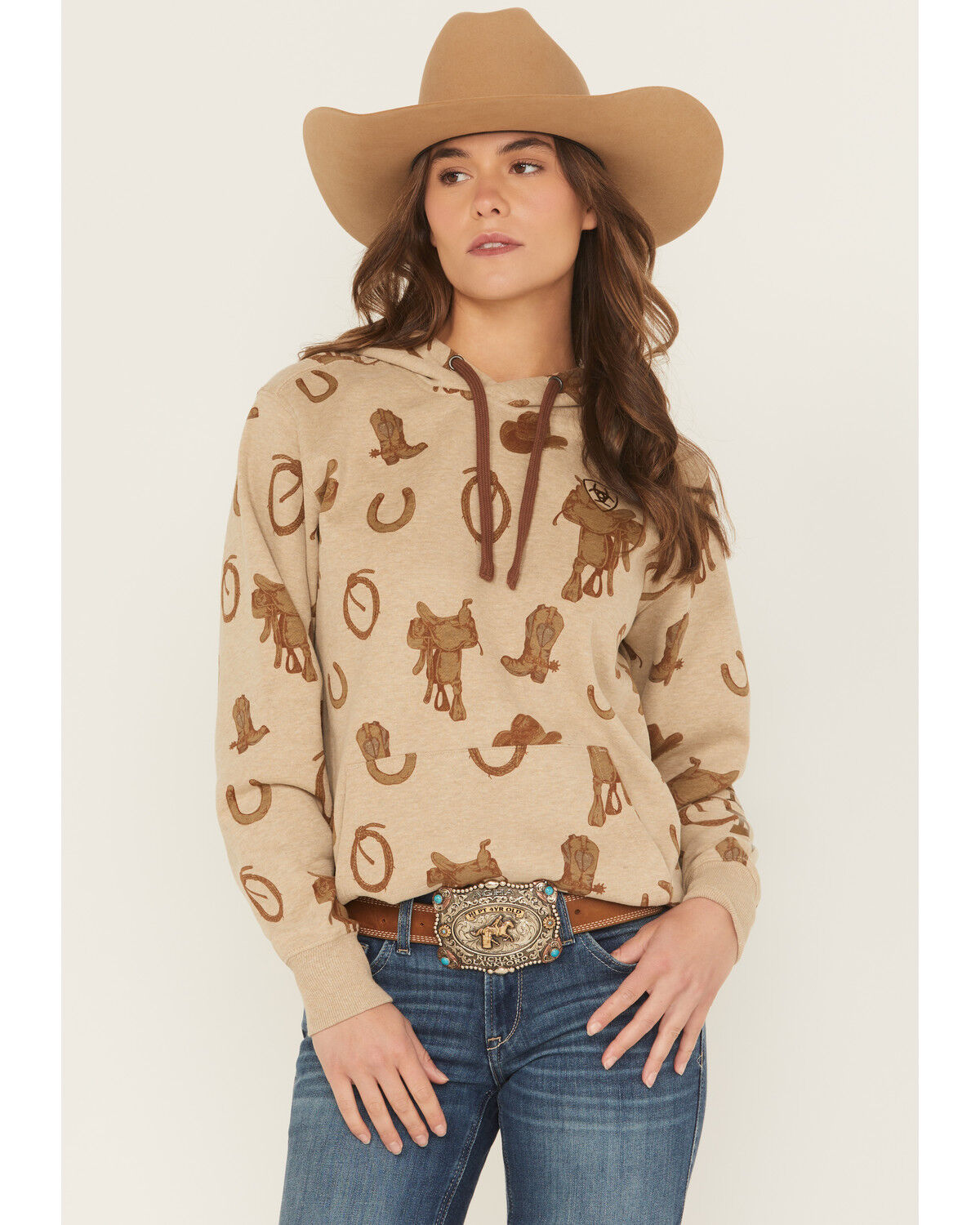 Image #1 - Ariat Women's Conversation Print Hoodie, Tan, hi-res