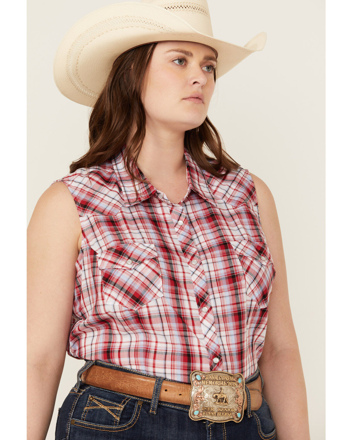 Image #2 - Roper Women's Classic Plaid Print Sleeveless Western Snap Shirt - Plus, , hi-res