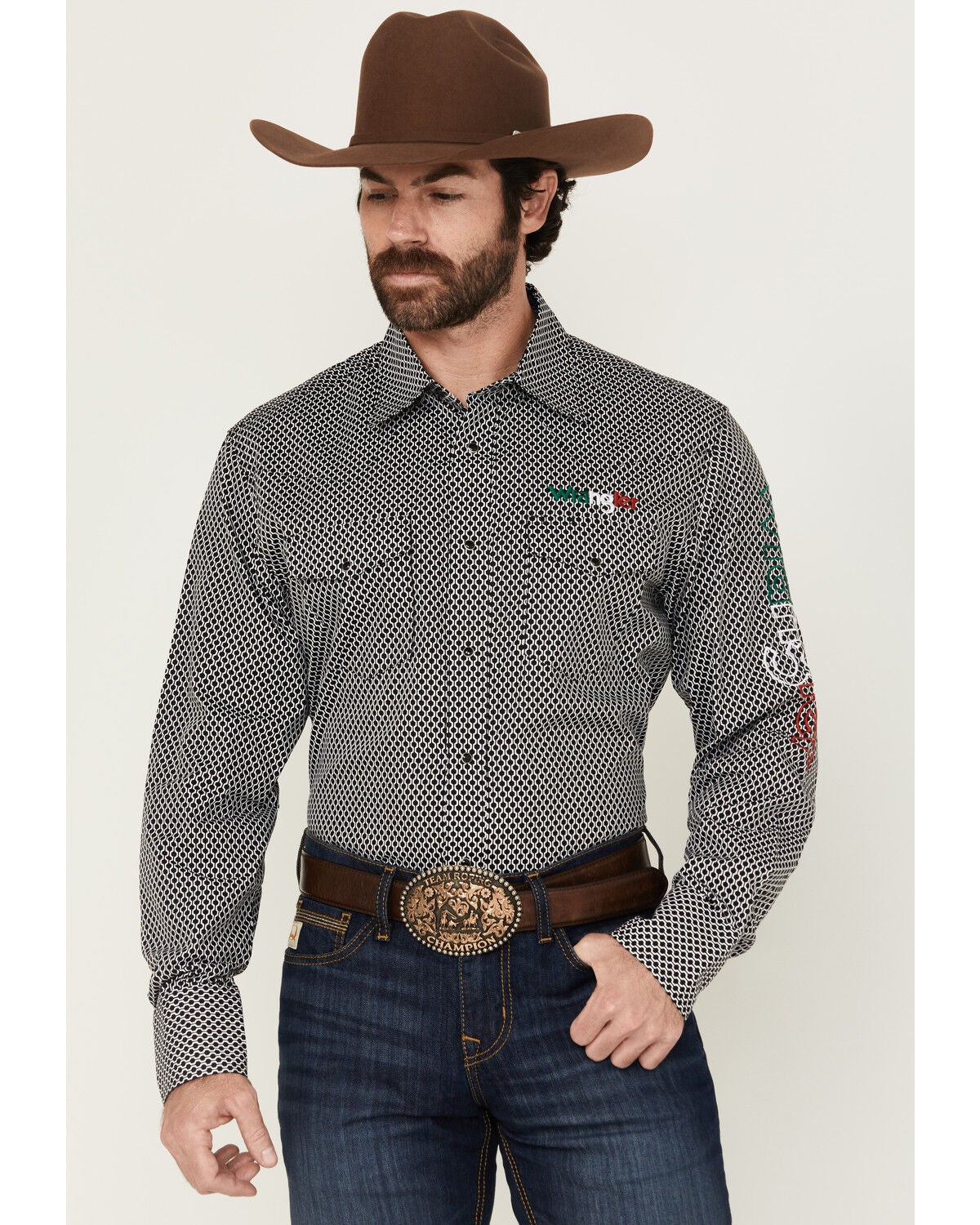 Wrangler Men's Mexico Logo Embroidered Geo Print Long Sleeve Snap Western Shirt, Black, hi-res