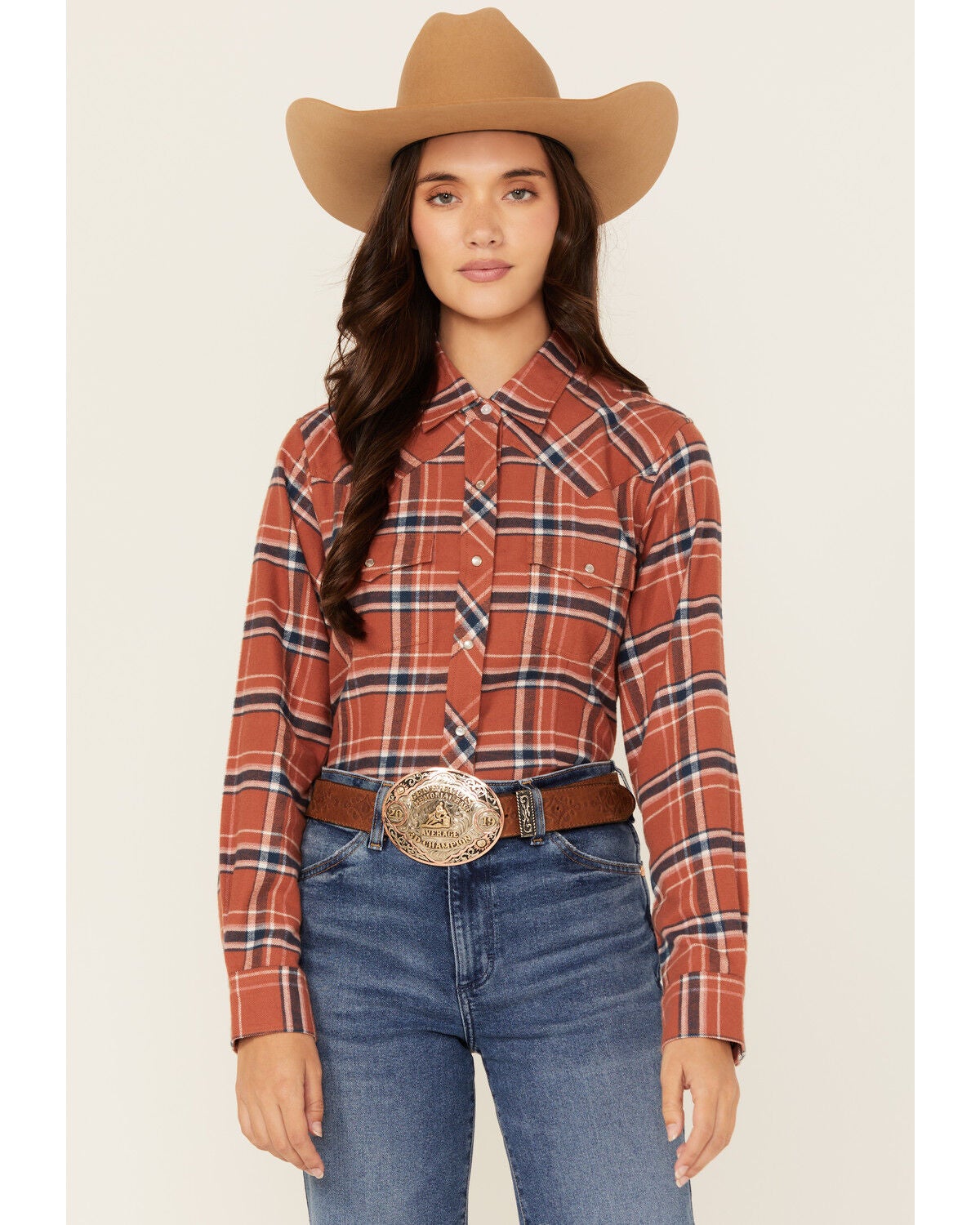 Ely Walker Women's Plaid Print Long Sleeve Snap Flannel Shirt, Rust Copper, hi-res