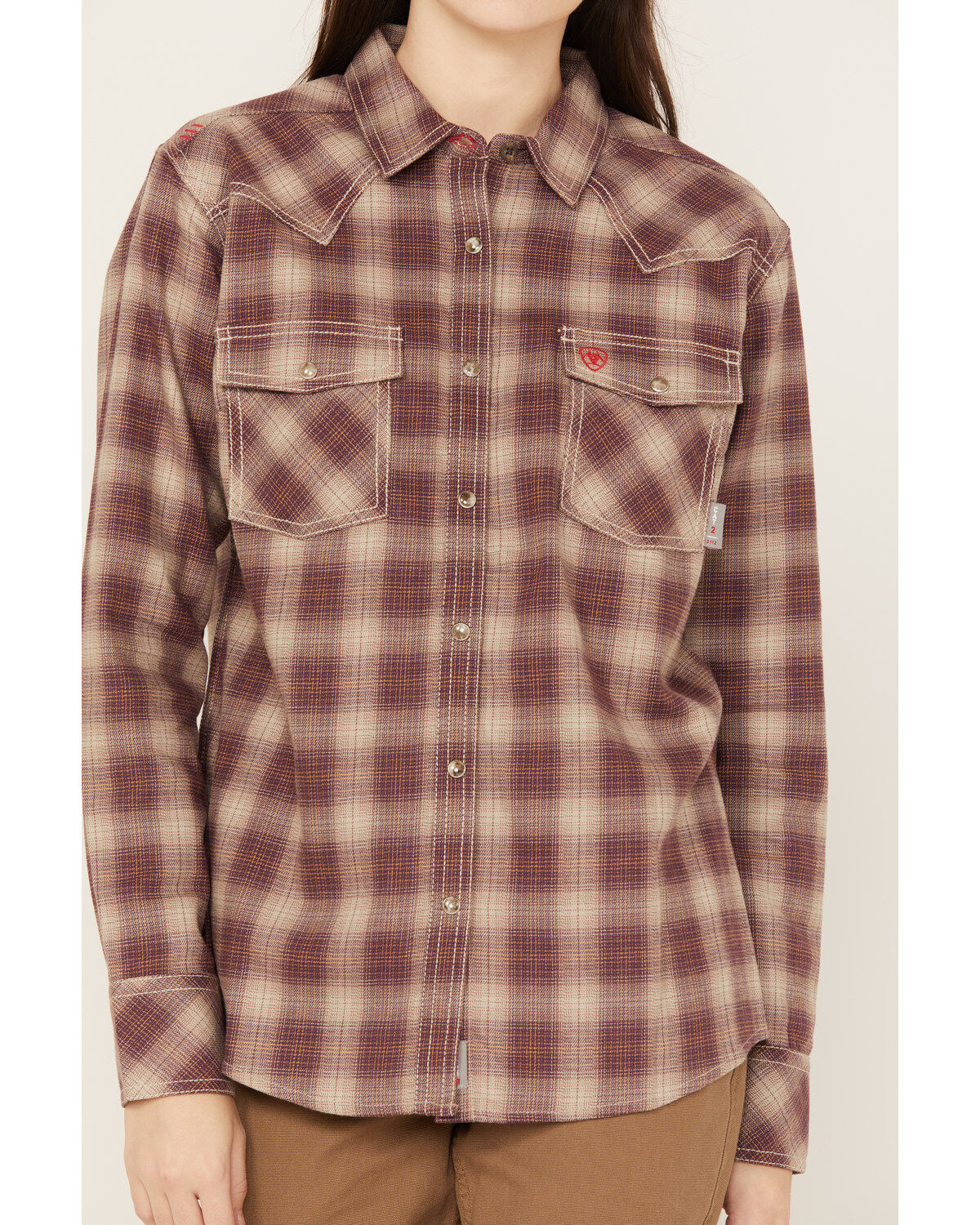 Image #3 - Ariat Women's Oakley FR Long Sleeve Plaid Print Snap Work Shirt, Beige, hi-res