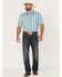 Panhandle Select Men's Serape Striped Print Short Sleeve Pearl Snap Western Shirt , Aqua, hi-res
