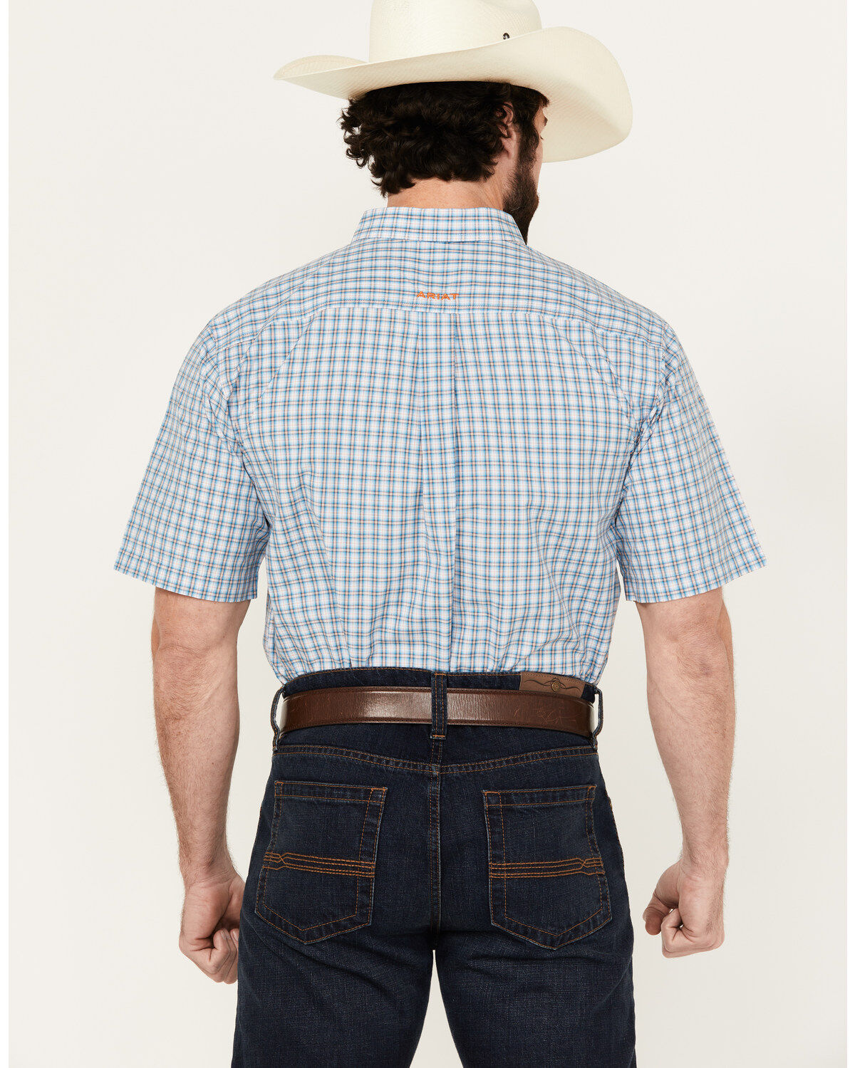 Image #4 - Ariat Men's Richard Plaid Print Short Sleeve Button-Down Performance Western Shirt, Blue, hi-res