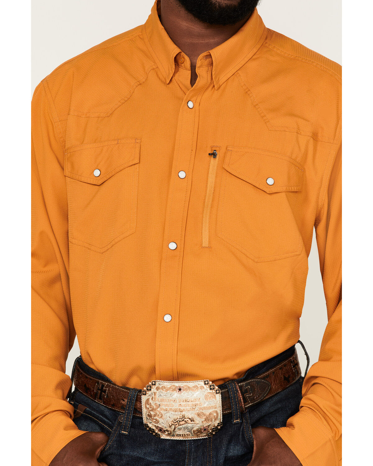Image #3 - RANK 45® Men's Solid Roughie Tech Long Sleeve Snap Western Shirt, Gold, hi-res