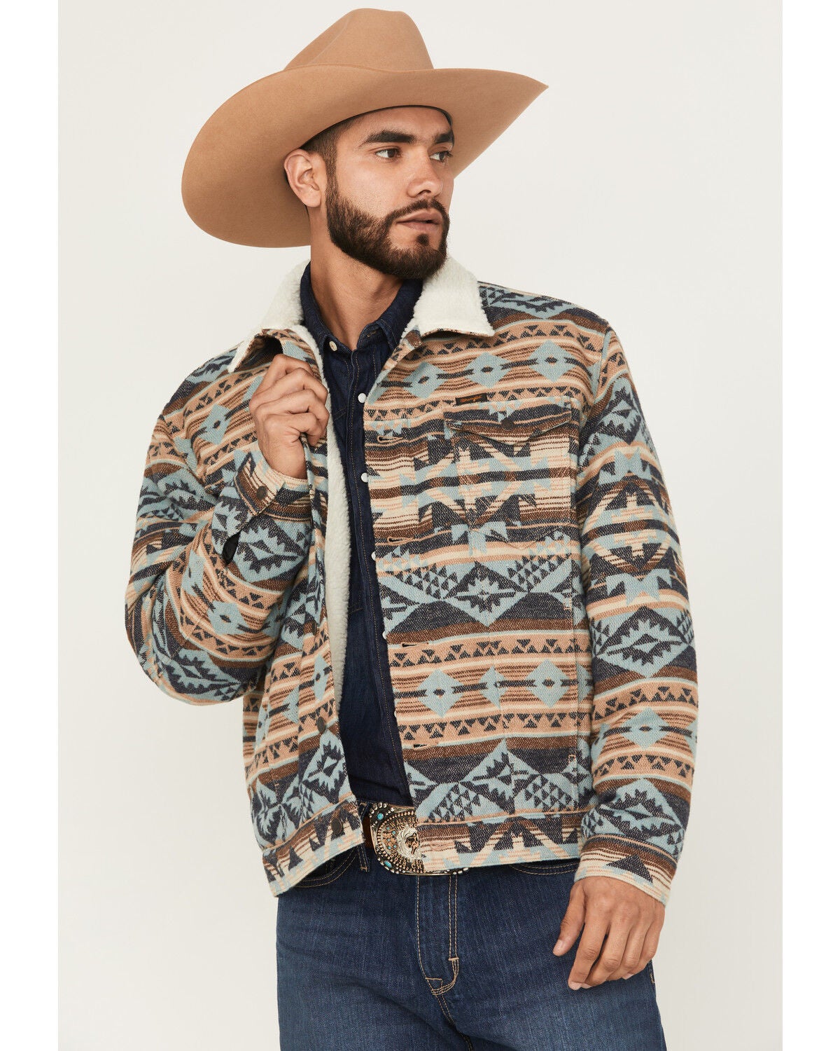 Wrangler Men's Southwestern Print Sherpa Lined Trucker Jacket, Tan, hi-res