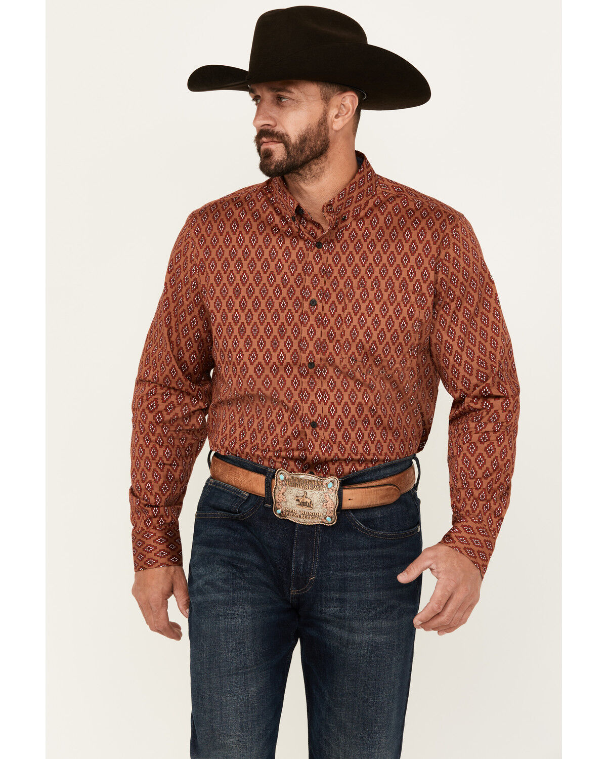 Image #1 - Cody James Men's Kenneth Southwestern Geo Print Long Sleeve Button-Down Stretch Western Shirt, Red, hi-res