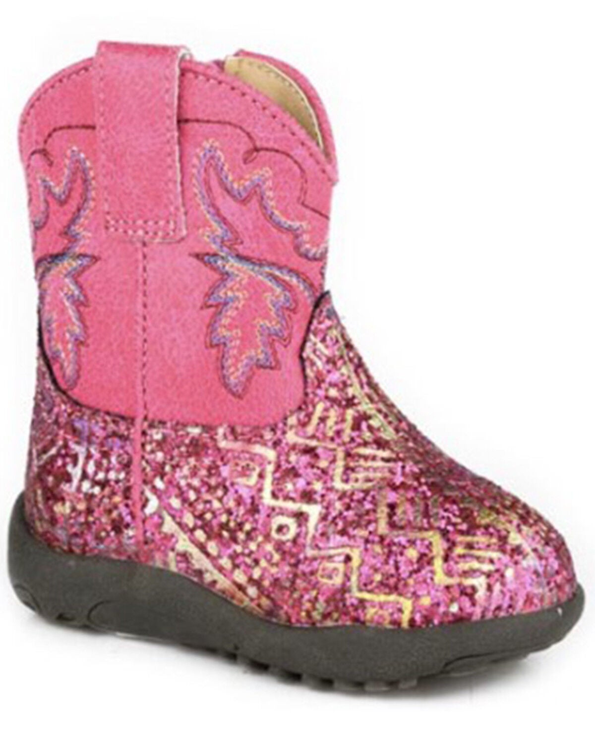 Roper Infant Girls' Cowbabies Glitter Southwestern Print Western Boots - Round Toe, Pink, hi-res