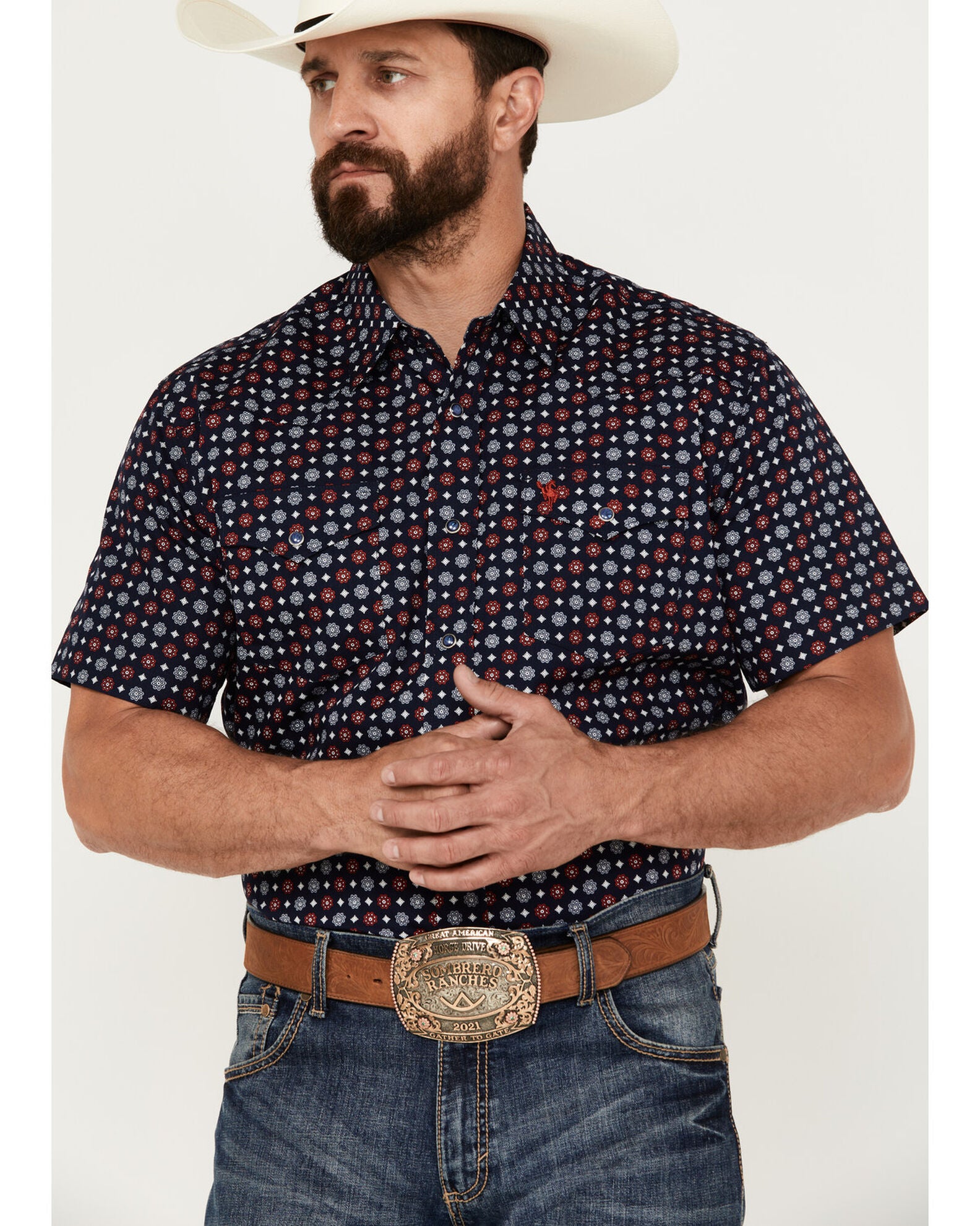 Rodeo Clothing Men's Medallion Print Short Sleeve Snap Western Shirt, Navy