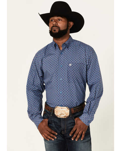 Ariat Men's Fitz Small Medallion Geo Print Long Sleeve Button-Down Western Shirt - Big & Tall , Blue, hi-res