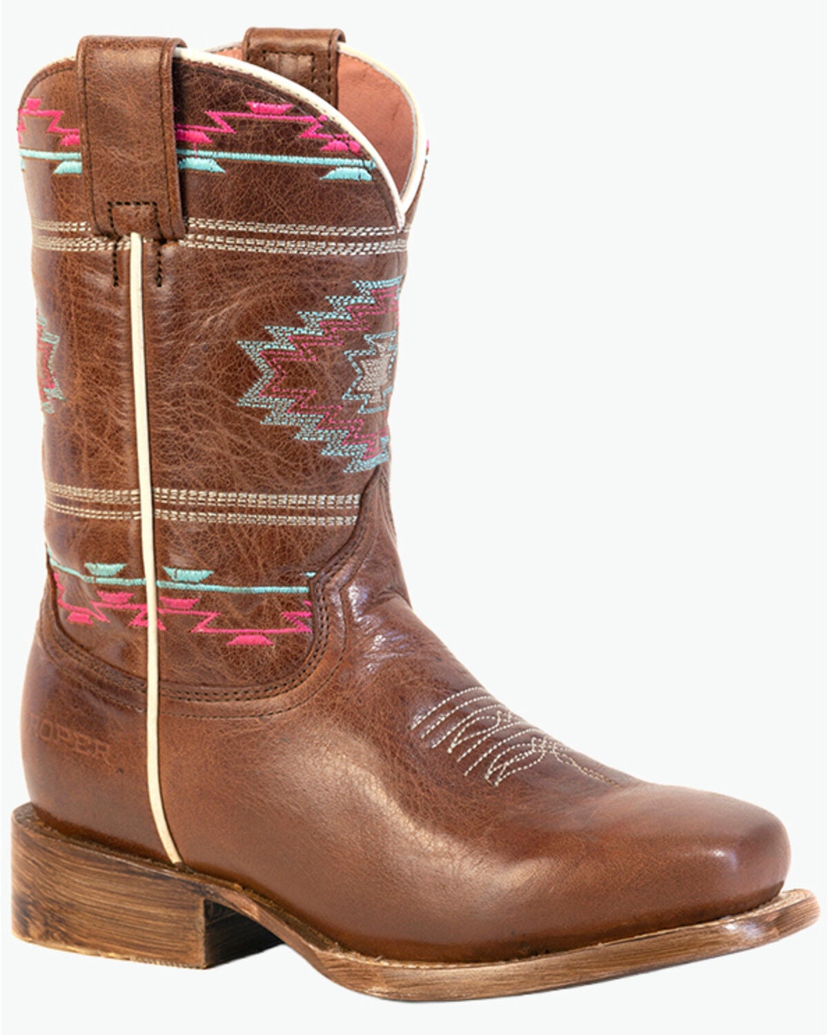 Roper Girls' Arizona Southwestern Embroidered Western Boots - Square Toe, Brown, hi-res