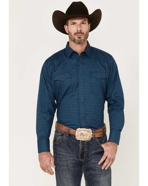 Wrangler Men's Silver Edition Geo Print Long Sleeve Snap Western Shirt, Blue, hi-res