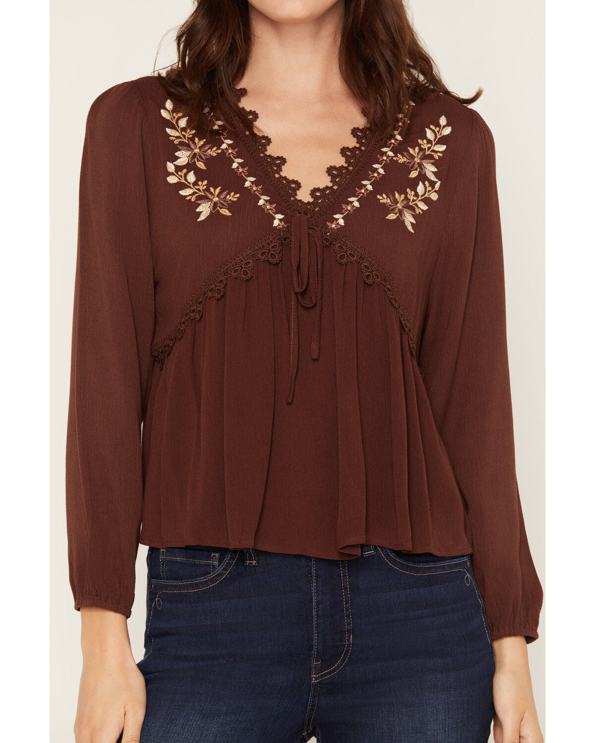 Image #3 - Wild Moss Women's Embroidered Long Sleeve Peasant Top, Brown, hi-res