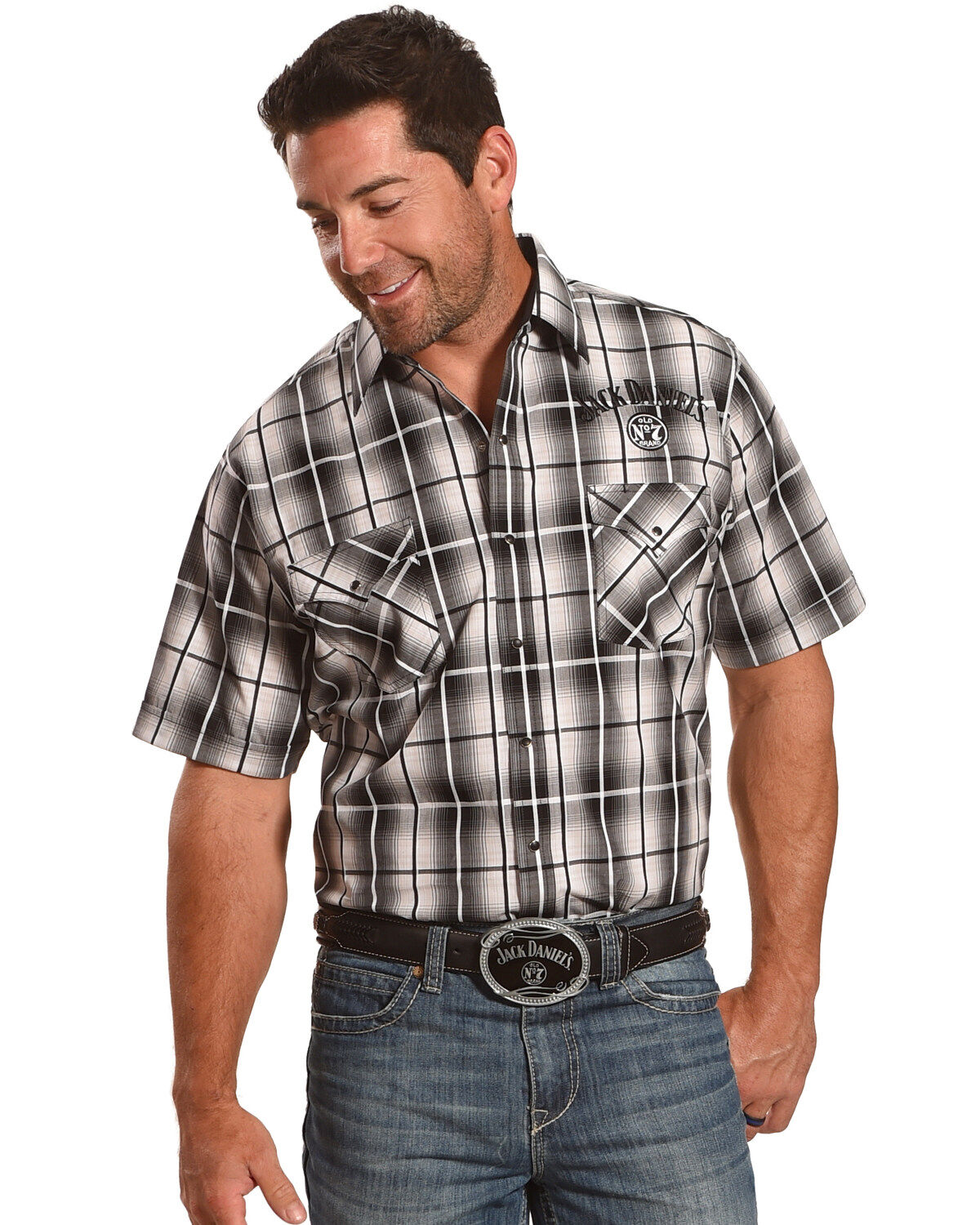 Image #1 - Jack Daniel's Men's Plaid Print Traditional Logo Short Sleeve Western Shirt, , hi-res
