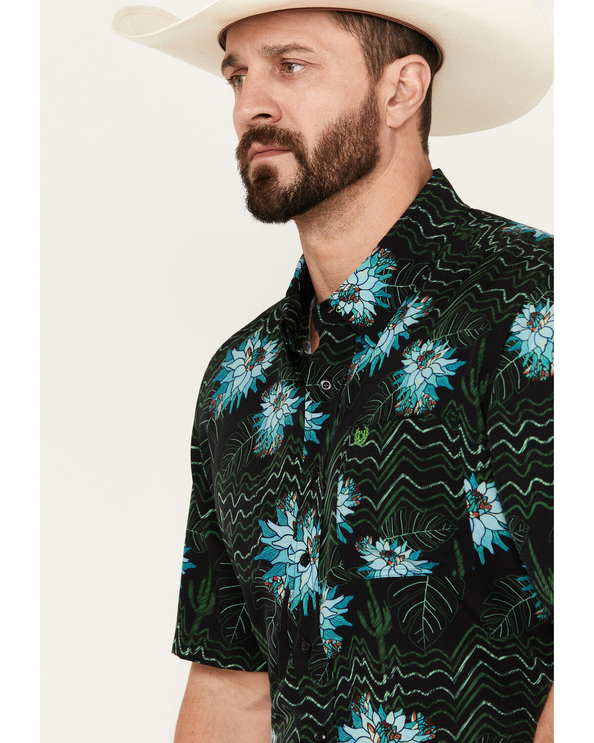 Image #2 - Panhandle Men's Tropical Print Short Sleeve Snap Stretch Western Shirt, Black, hi-res